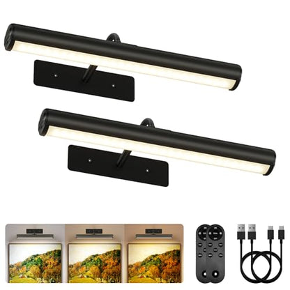 EZVALO 13Inch Wireless Picture Lights, 4000mAh Rechargeable Battery Art Lights with Remote, Dimmable 3 Color Temps LED Painting Lights for Living Room, Bedroom, Hallway (Black, 2Pack) - color: Black