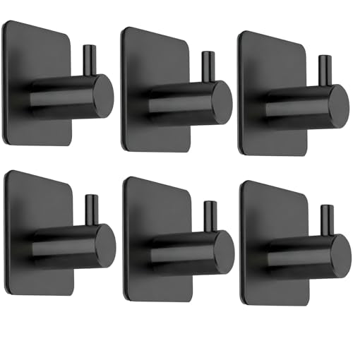 Fotosnow Black Adhesive Wall Hooks, 15lbs Stainless Steel Heavy Duty No Drill Towel Hooks for Bathroom Kitchen Home Hanging Robe Coat Hanger-6 Packs - color: Black-6 Pack