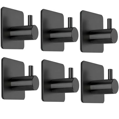 Fotosnow Black Adhesive Wall Hooks, 15lbs Stainless Steel Heavy Duty No Drill Towel Hooks for Bathroom Kitchen Home Hanging Robe Coat Hanger-6 Packs - color: Black-6 Pack