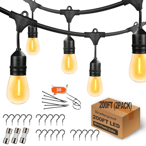 200FT Outdoor String Lights with 60+3 Replaceable S14 Edison Bulbs 2200K, Weatherproof for Patio Outside, 2Pack Linkable, Hooks and Zip Ties Included - size: 200 feet(2Pack)