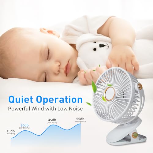 Portable Clip on Fan 5 Speeds 360° Dual Rotation Brushless Motor Ultra Quiet <20dB LED Light USB Rechargeable