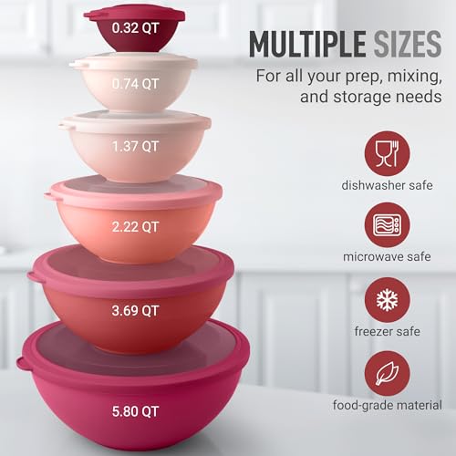 Zulay Kitchen 12 Piece Plastic Mixing Bowls with Lids Set - Leak-Proof Microwave & Freezer Safe Stackable Mixing Bowl Set for Preparing, Serving and Storing - Non-Slip Large Nesting Bowls (Red Ombre) - color: Red