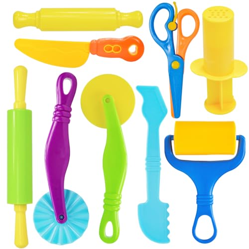 LCY WEDSHI Dough Tool Set, 9 Pcs Dough Tools Sets for Kids Ages 4-8, Dough Accessories Includes Cutters Roller, Rolling Pins, Safety Scissors, Plastic Knife, Plastic Rollers - style: 9pcs