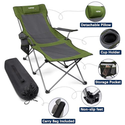 apollo walker Reclining Beach Chair, Adjustable 90-135° Backrest Camping Lounge Chairs for Adults, Folding Chair with Foot Rest & Detachable Pillow - Standard 6-Leg, Green - color: Green, style: 6-Leg