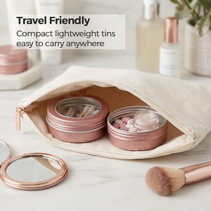 2 oz (60ml) Rose Gold Aluminum Tins with Clear Lids and Labels, 24 Pack | Clear View Lid, Secure Packaging, Tight Screw Lids, Includes Blank Labels, 11 Color Options - color: Rose Gold