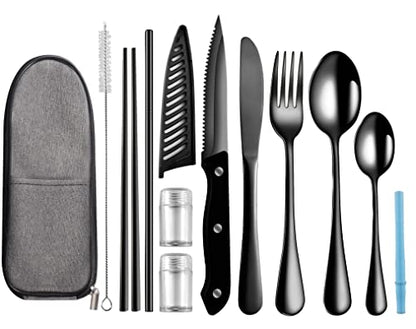 Logcow Travel Utensils with Case,Reusable Utensils,Portable Travel Camping Cutlery Set,Stainless Steel Flatware Set,Lunch Boxes Workplace Camping School Picnic (Black) - color: Black