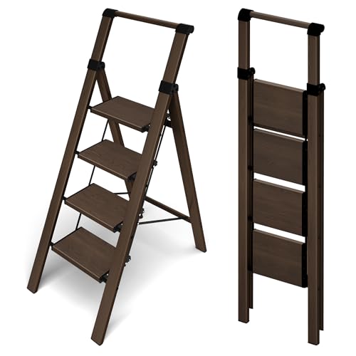 HillhutApex 4 Step Foldable Aluminum Step Ladder with Handgrip, Anti-Slip Pedal, 330lbs Capacity, Lightweight & Portable for Home, Kitchen, Office, Garage (Walnut) - color: Walnut, size: 4 Step With Handrail