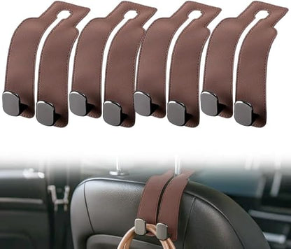 2026 New Car Seat Headrest Hooks for Purses and Bags - Support Car Headrest Hooks for Purses and Bags Coat, Leather Car Bag Purse Holder with Double Hooks (Brown-4PC) - color: Brown-4PC