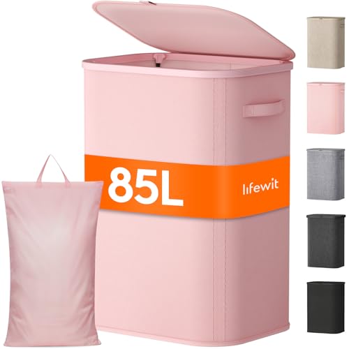 Lifewit 85L Large Laundry Basket with Lid, Laundry Hamper with Plastic Handles and Removable Bag, Foldable Tall Dirty Clothes Hampers for Laundry for Laundry Room, Bedroom, Bathroom, Dorm, Pink - color: Pink, size: 85L