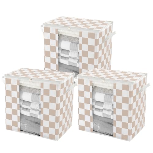 Ohocut Beige Checkered Clothes Storage Bins, 100L Large Blanket Storage Bags 3 Pack, Closet Organizers and Storage Containers for Comforters, Bedding, Foldable Organizer with Handle - color: Beige (3 Pack)