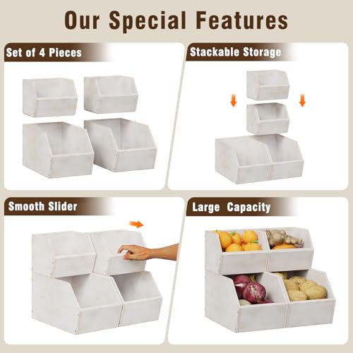 Trironsun 2 Set Bamboo Pantry Storage Bins Wood Stackable Baskets Potato and Onion Storage Bins Fruits Vegetable Bread Organization for Kitchen Counter