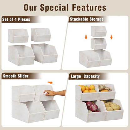 Trironsun 2 Set Bamboo Pantry Storage Bins Wood Stackable Baskets Potato and Onion Storage Bins Fruits Vegetable Bread Organization for Kitchen Counter