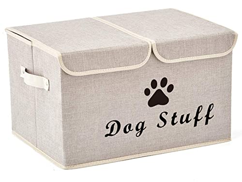 Large Dog Toys Storage Box Canvas Storage Basket Bin Organizer with Lid - Collapsible Linen Bin Ideal for Organizing Dog Cat Toys and pet Stuff-PP Boad-17" x 12" x 10" - Beige - color: Beige