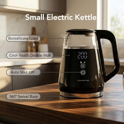 OVENTE 1L Small Electric Kettle with 5 Temperature Preset, Digital Display, 5Hr Keep Warm, Auto Shut-Off, Double-Wall Cool Touch Exterior, Borosilicate Glass,1500W BPA Free Water Boiler, Black KD95B - color: Black