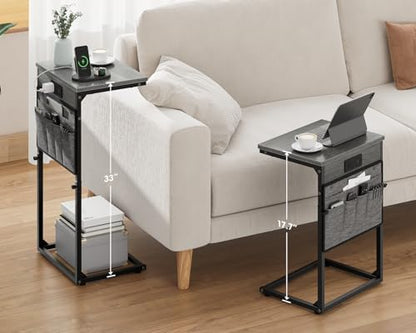 Vagusicc C-Shaped End Table with Charging Station, Small Side Table for Couch, 33" Tall Adjustable Height C Table, Couch Tables that Slide Under, Sofa Table TV Tray for Living Room, Gray Walnut - color: 1pc Gray Walnut