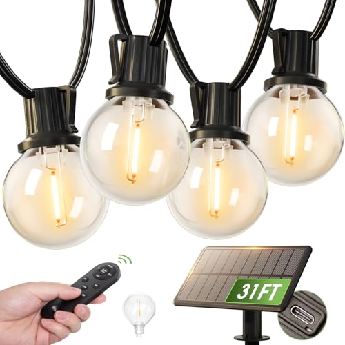 addlon 31FT (25+6) Solar String Lights with Remote, 13 Shatterproof G40 Bulbs, Solar Powered & USB Charging Patio Lights, Dimmable Waterproof Solar Light Outdoor for Camping Porch Backyard Party Decor - size: 25FT