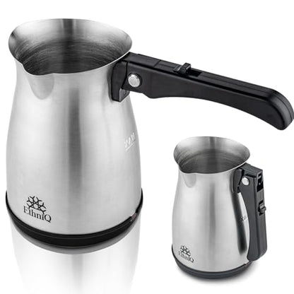 ETHNIQ Turkish Coffee Pot - Stainless Steel, 120V, 1 to 4 Cup Capacity, Fast Brewing, Delicious Cup of Turkish, Arabic & Greek Coffee Maker with Foldable Handle for Home & Travel & on-off Button - color: Fast Brew