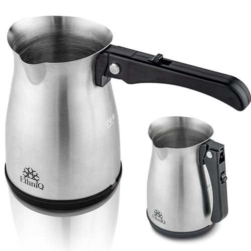 ETHNIQ Turkish Coffee Pot - Stainless Steel, 120V, 1 to 4 Cup Capacity, Coffee Maker with Foldable Handle for Home & Travel & on-off Button (Slow Brew) - color: Slow Brew