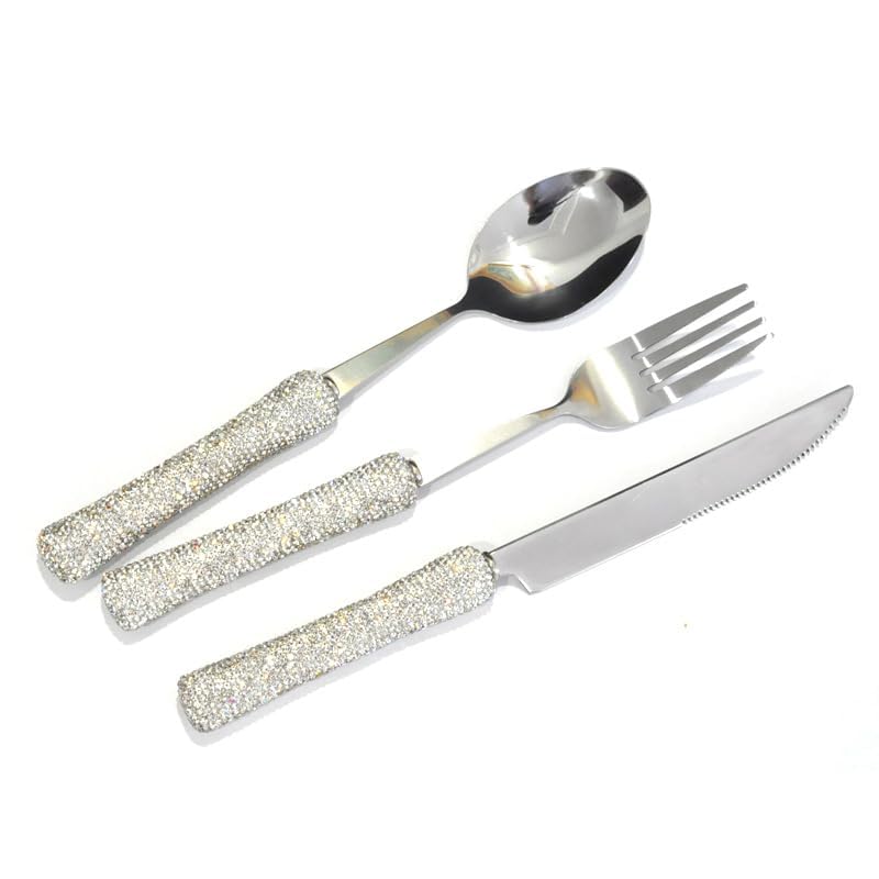 Bling Rhinestone Crystal Dazzling Culinary Utensils Travel Set for Office, Lunch, and Travel (3, Silver) - color: Silver