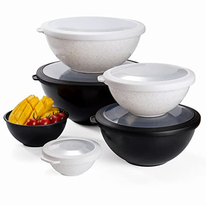 COOK WITH COLOR Mixing Bowls with TPR Lids - 12 Piece Plastic Nesting Bowls Set includes 6 Prep Bowls and 6 Lids, Microwave Safe Mixing Bowl Set (Black and White) - color: Black and White TPR Lids