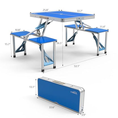 VINGLI 4Ft Portable Folding Picnic Table Camping Table Foldable Set with 4 Seats with Umbrella Hole Suitcase Card Table-220 Lbs Support Aluminum Frame, Plastic RV Tabletop for Yard, Travel-Green - color: Blue