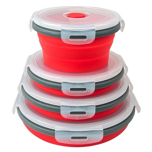 Guyuyii 4 Pack Food-Grade Silicone Collapsible Bowls with Lids for Camping | BPA-Free Round Nesting Set for RV Travel, Hiking, and Outdoor Recreation Activities | Microwave, Freezer, Dishware Safe - color: red