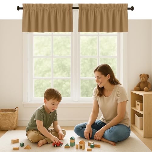 Beige Valance Curtains 2 Pack, 54x18 Inches, 100% Cotton, Rod Pocket Window Valances, Semi Sheer Short Curtain Panel for Kitchen, Farmhouse, Café, Bedroom, Bathroom, Living Room Décor - color: Beige, size: 18"W x 54"L (Pack of 2)