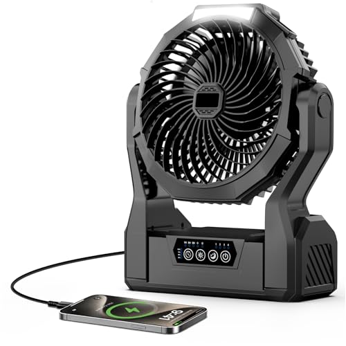 Camping Fan with 64H Runtime, Rechargeable Battery Powered Portable Fan with LED Light, Quiet Travel Tent Fan for Camping, Hurricane, Fishing, Indoor Outdoor, Gifts for Men Black