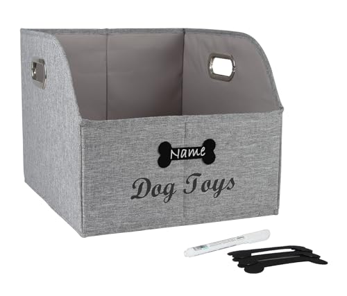 Large Collapsible Dog Toy Basket,Fabric Trapezoid Dog Toy Bin,Stable Dog Toy Storage Box with Metal Handle,for organizing Dog Puppy Toy Blanket Collar Clothes Snacks-Can be Personalized-Gray - size: 13.3''x14.9''x11.4