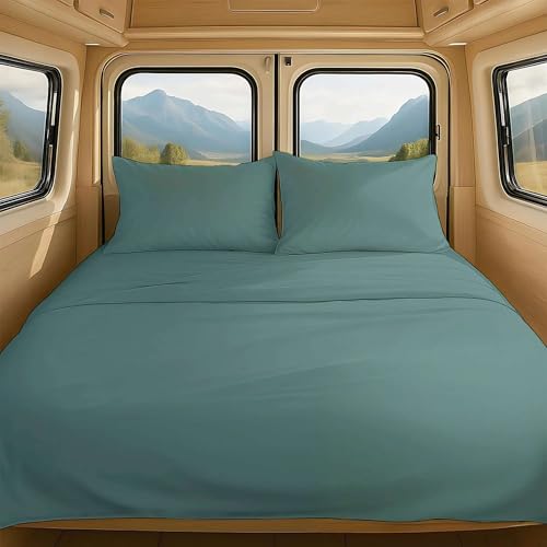 NON Sticky cotton 4 Piece Premium Egyptian Cotton RV Short Queen Sheet Set, 15" Deep Pocket Fitted, Soft, Easy Care, Camper Bedding Sheets for Bunks and Motorhomes, 60" x 75", Lagoon Blue Solid - color: Lagoon Blue Solid, size: Short Queen