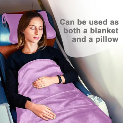 Travel Blanket and Pillow Compact, Premium Soft 2 in 1 Airplane Blanket with Soft Bag Pillowcase，Hand Luggage Sleeve and Backpack Clip (Solid Purple) - color: Solid Purple