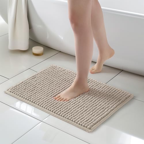 FRESHMINT Thick Chunky Chenille Bathroom Rug, 17"x24", Non Slip Bath Mat, Soft Decor Accessory, Cute Shower Mat, Water Absorbent, Washable, Beige - color: Beige, size: 24" x 17"