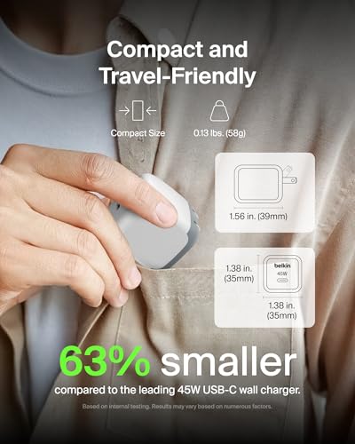 Belkin Compact Wall Charger 45W, USB-C PD iPhone Charger Fast Charging for Apple iPhone 17/16/15 Series, Samsung Galaxy S26/S25 Series, Pixel 10, MacBook, Chromebook, iPad, AirPods, & More - White - color: White, style: Single Pack