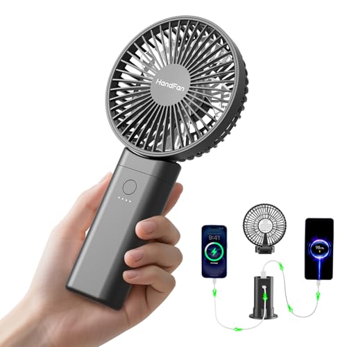 HandFan Upgraded 10,000 mAh Quiet Handheld Fan - 4.5 Inch Large Hand Held Fans Reahargeable, 180° Foldable Portable Fan [30 Working Hours] with Lanyard, Base for Disney/Travel/Concerts/Beach/Office - color: Clear‑Blade Black‑10000mAh