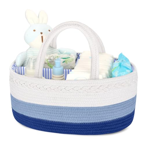 Maliton Baby Diaper Caddy Organizer, Cotton Rope Diaper Caddy Basket, Large Storage Basket for Newborn Boys and Girls, Gift for Baby Shower List, Newborn Essentials - color: White and Blue, size: Large