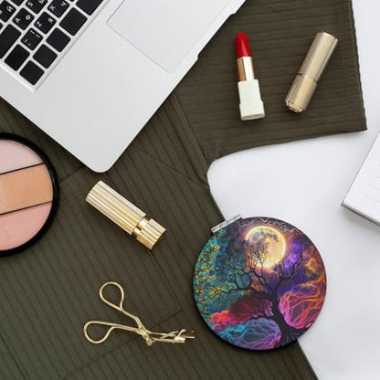 Magic Fantasy Tree Moon Art Print Foldable Travel Pocket Mirror Round PU Leather Portable Mini Makeup Double Sided Handheld Magnifying,2.6 in - color: Magic Fantasy Tree Moon Art