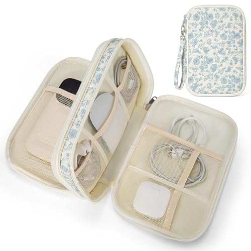 Quilted Travel Cable Organizer Pouch, Portable Electronic Accessories Carry Case, Double Layer All-in-One Storage Bag for Chargers, Cords, Phone, Gadgets (Blue Floral) - color: Blue Floral