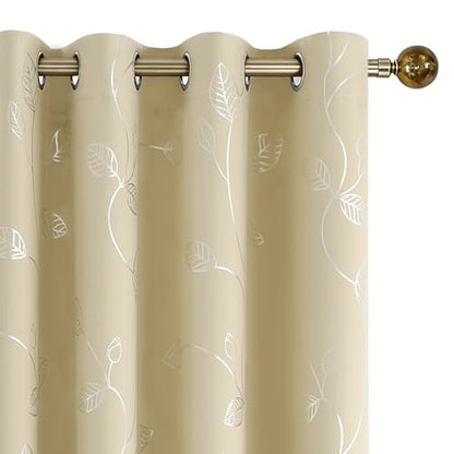 BUHUA Heat Blocking Curtains, Black Out Curtains 72 Inch Long 2 Panels Burg, Soundproof Curtains with Silver Leaf Printed (52 x 72 Inch,Beige,Set of 2 Panels) - color: Silver Leaf /Beige, size: 52"W x 72"L (Pack of 2)