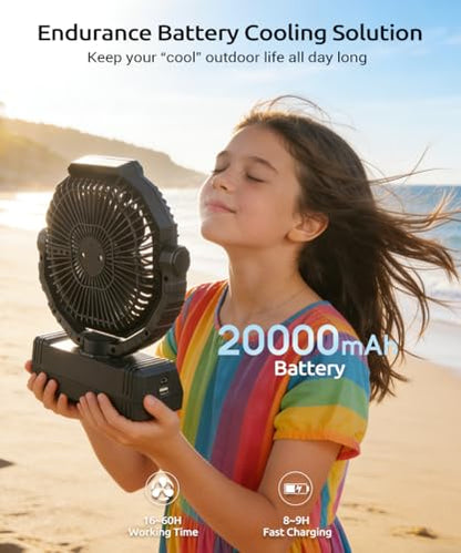 KopBeau Portable Camping Fan with Lights, 20000mAh Rechargeable Battery Operated Fan, Battery Powered Outdoor Beach Tent with 4 Speeds & Hook, Personal USB Table for Camping Accessories - size: Large