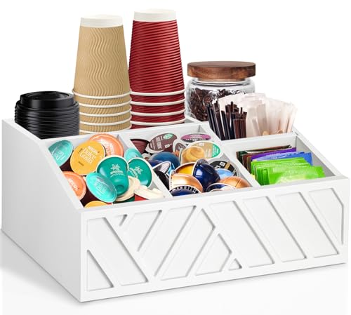 Coffee Station Organizer for Counter, Wood Pods Holder Storage Basket, Tea Condiment Storage Organizer, Rustic Coffee Bar Decor for Accessories Organizer - color: White-large