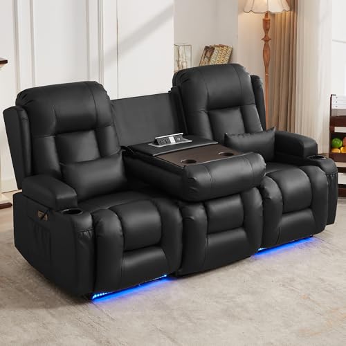 URRED Power Loveseat Recliner Sofa with Massage and Heat, Wall Hugger Reclining Loveseat with Console, RV Couch Home Theater Seating with LED Lights for Living Room (Black, 76.8" - 3 Seats) - color: Black, size: 76.8" - 3 Seats