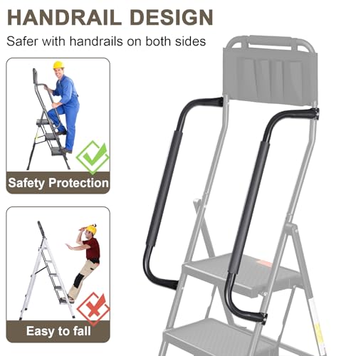 Valeo 3 Step Ladder with Handrails,500 Lbs Capacity,Folding Step Stool Ladder with Attachable Tool Bag,Lightweight & Storage Step Ladder 3 Step Folding,Multi-use for Home,Kitchen,Office,Black - style: 3 Step Ladder with Handrails