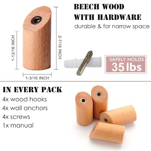 Felidio Wood Wall Hooks, 4 Pack Coat Hooks Mounted Rustic Wooden Heavy Duty Robe Hook Hat Rack | for Hanging Bathroom Towels Clothes Hanger (Beech Wood) - color: B for Beech Wood (pack of 4 units)