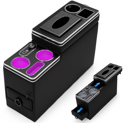 Center Console Between Seat Organizer for Minivans,SUVs,with Dual USB Charging ,Cup Holders,tissue box, 7 Color ambient lighting and drawers for Minivan, Middle Van Floor Console Organizer Storage Box - size: 7 Color
