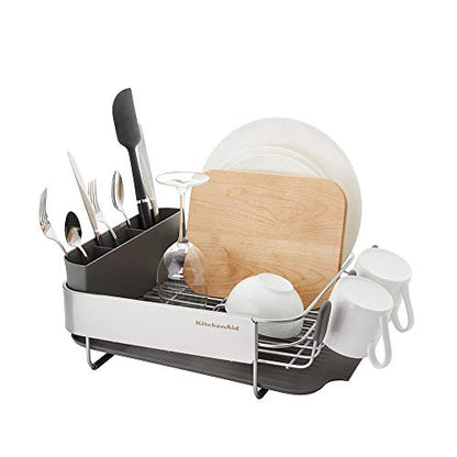 KitchenAid Compact, Space Saving Rust Resistant Dish Rack, with Angled Self Draining Drain Board and Removable Flatware Caddy, 16.06-Inch, Gray