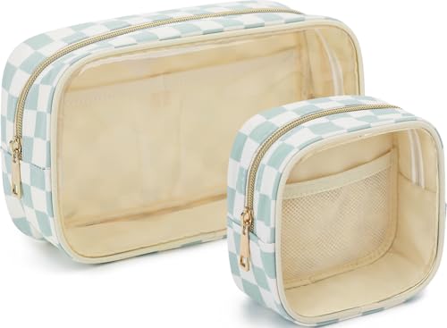 Fammart Clear Travel Makeup Bag for Women, TSA Approved Checkered Cosmetic Bag Make Up Car Organizer Case with Zipper, Large Waterproof Pouch Purse Toiletry Bag for Skincare, Brushes Travel Essentials - color: Clear, 2PCS - Green Checkered