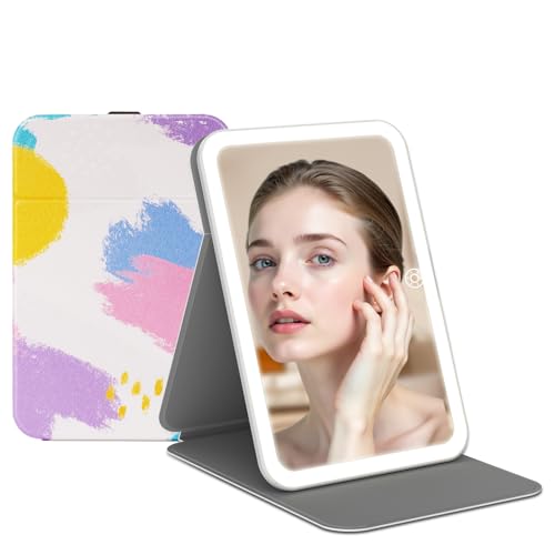 Rechargeable Travel Lighted Makeup Vanity Mirror with PU Leather Cover, Portable Travel Makeup Mirror with Lights, 3 Color Lighting,Touch Sensor Dimmable, Light Up Tabletop Cosmetic Mirror Folding - color: Rainbow