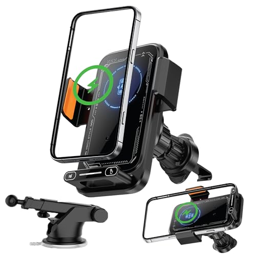 Wireless Car Charger Phone Holder, 15W Auto Clamping Car Phone Mount Charger with Gesture Control, 90 Degree Auto Rotation, Dual Vent and Dashboard Mount for iPhone and Android