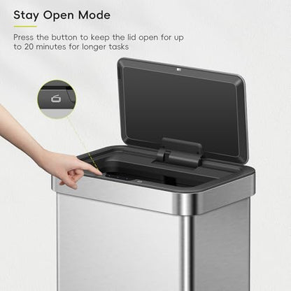 EKO EcoNova 13.2 Gallon/ 50L Automatic Sensor Kitchen Trash Can, Stainless Steel Touchless Garbage Bin with Soft-Close &Stay-Open Lid, Fingerprint-Resistant - size: Nova 50L- Stainless Steel