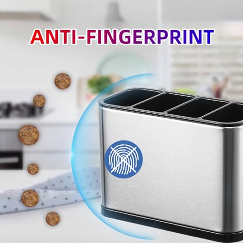 LIBODOUR Utensil Holder,Stainless Steel Caddy Counter,Spoon holder,4 Compartments Silverware Caddy,Capacity Flatware Spoon Fork Tool Cutlery Holder - color: Expand silvery